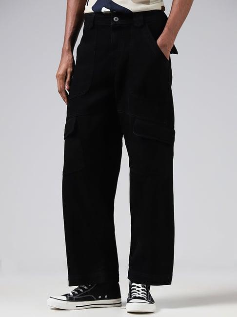 nuon by westside dark solid black loose fit cargo pants