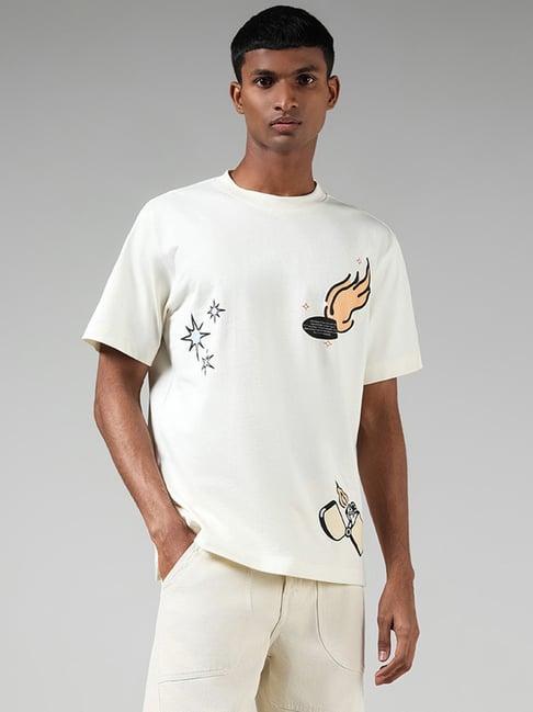 nuon by westside off white printed relaxed fit t-shirt