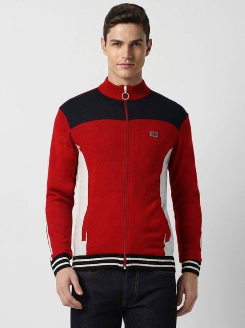 peter england casuals red regular fit colour block sweater