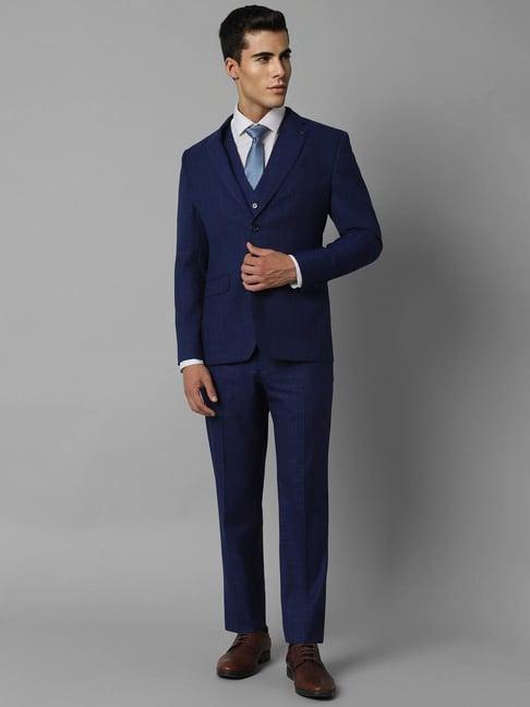 louis philippe navy slim fit checks three piece suit