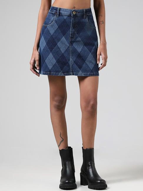 nuon by westside mid blue printed mini denim skirt