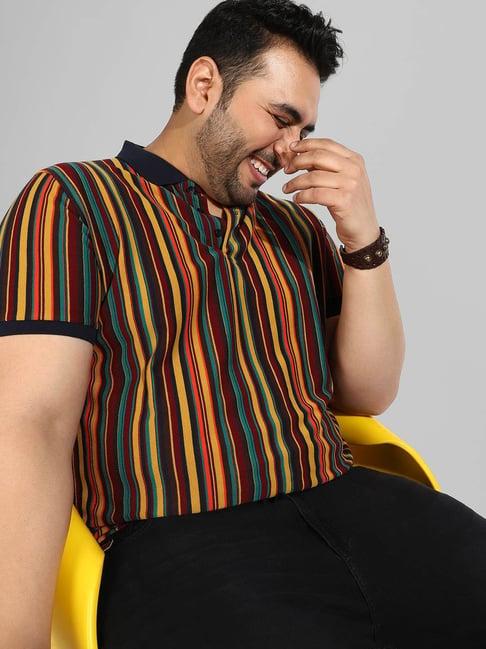 instafab plus multicolored cotton regular fit striped plus size polo t-shirt