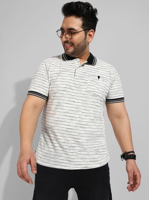 instafab plus white cotton regular fit striped plus size polo t-shirt