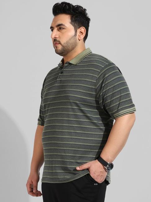 instafab plus green regular fit striped plus size polo t-shirt