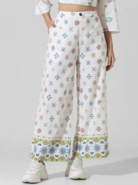 only white printed relaxed fit high rise pants