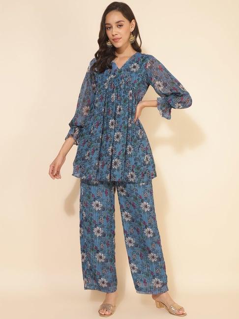 janasya blue printed tunic palazzo set