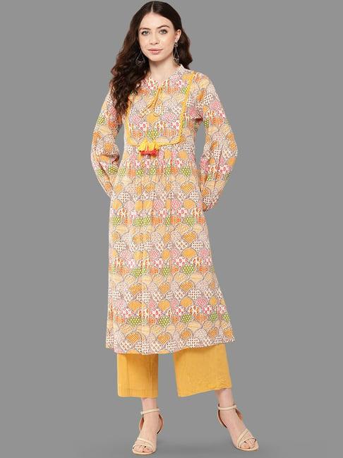 janasya multicolored cotton printed a line kurta