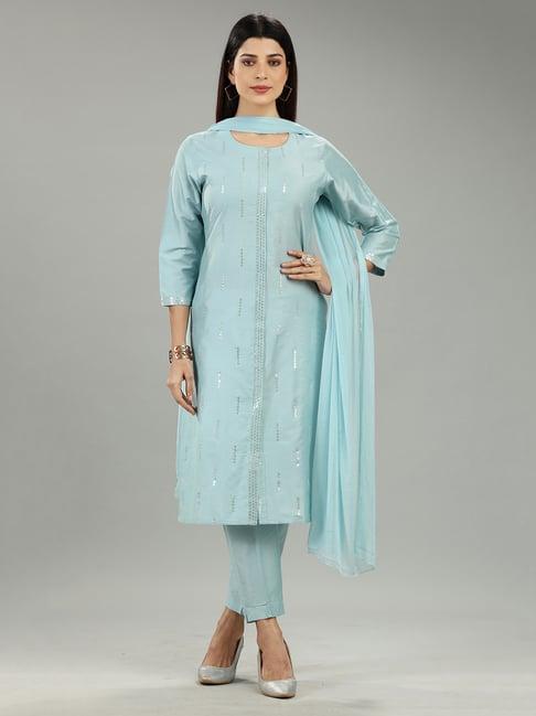 cotton culture sky blue embellished kurta with pant & dupatta