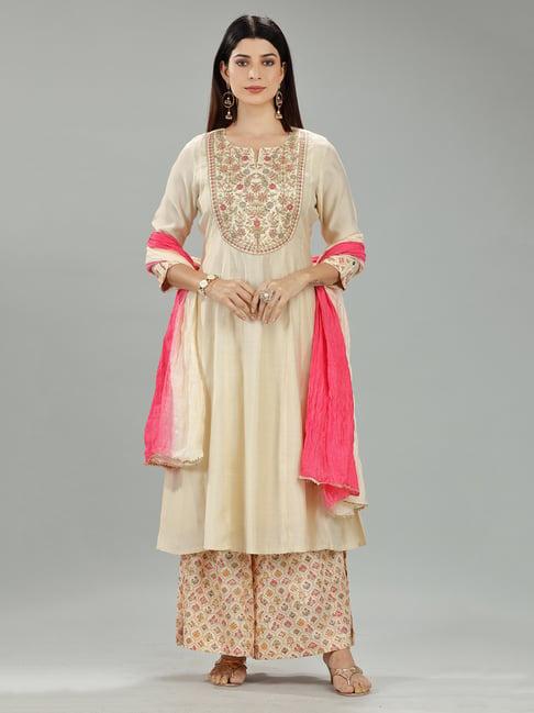 cotton culture cream embroidered kurta with palazzo & dupatta