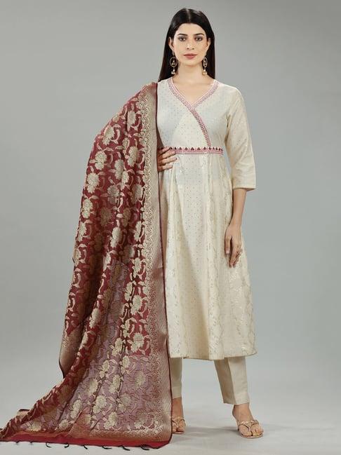 cotton culture off white embroidered kurta with pant & dupatta