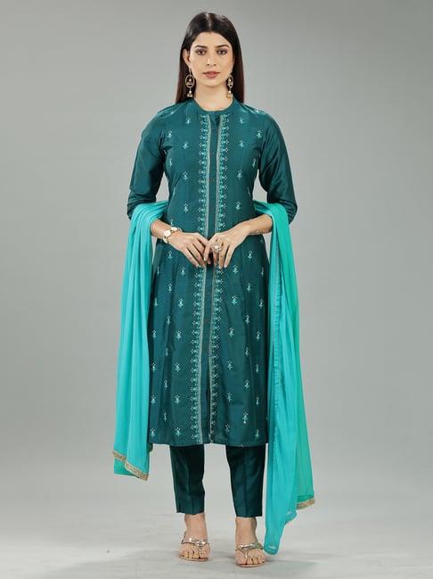 cotton culture green embroidered kurta with pant & dupatta