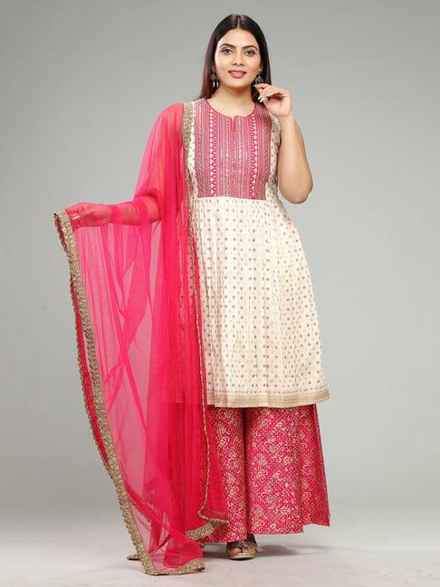 cotton culture cream & pink embroidered kurta with sharara & dupatta