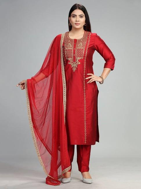 cotton culture maroon embroidered kurta with pant & dupatta