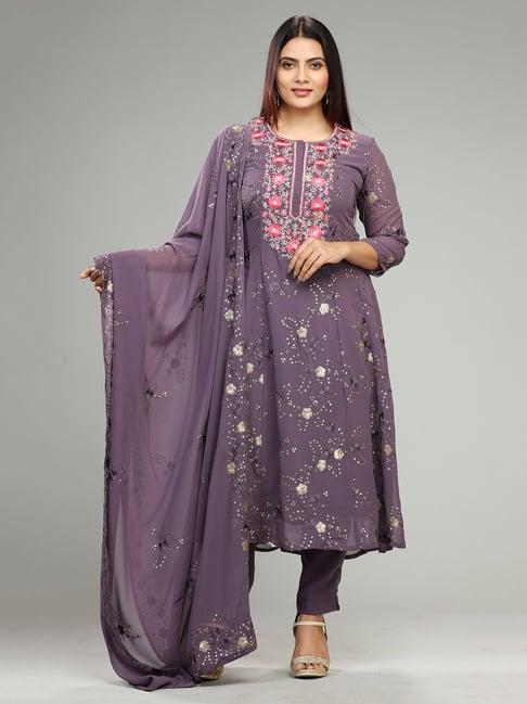 cotton culture purple embroidered kurta with pant & dupatta