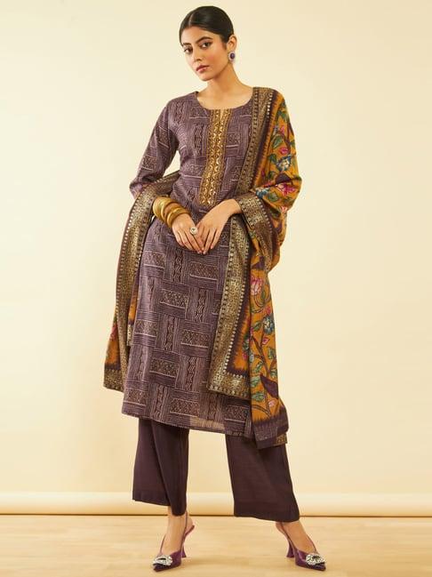 soch brown printed kurta palazzo set with dupatta