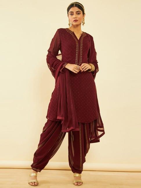 soch maroon embellished kurti dhoti pant set with dupatta