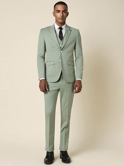 men green slim fit solid party three piece suit