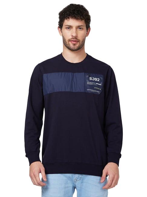 spykar navy slim fit printed round neck sweatshirt