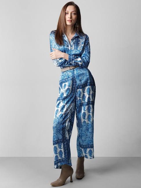 vero moda blue printed regular fit high rise pants