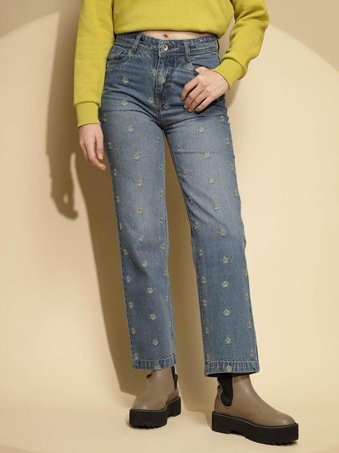 global republic blue embroidered regular fit mid rise jeans