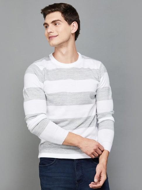 fame forever by lifestyle grey cotton regular fit striped sweater