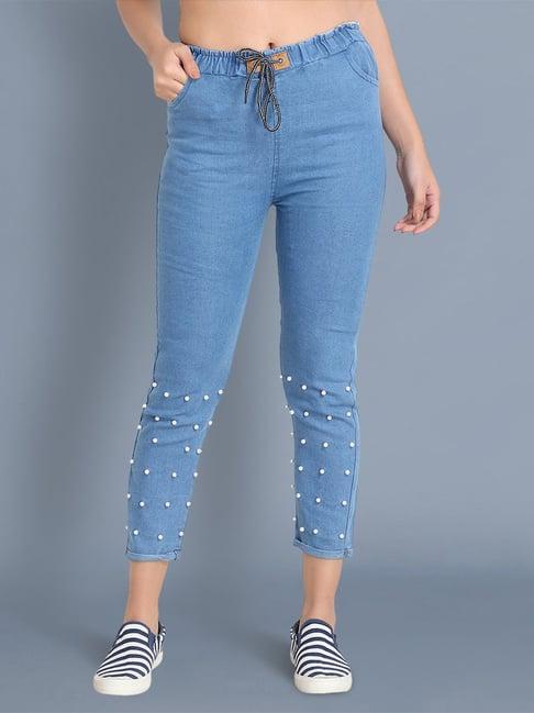 buynewtrend blue embellished mid rise jeans