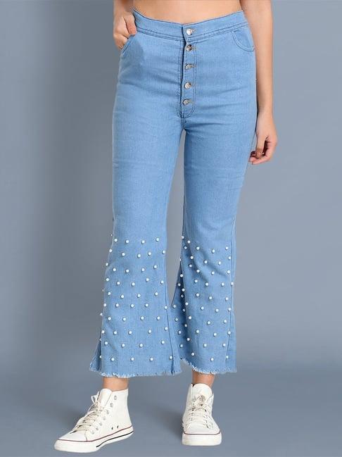 buynewtrend blue embellished high rise jeans