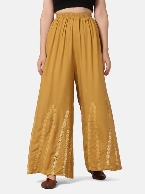 buynewtrend yellow embroidered palazzos