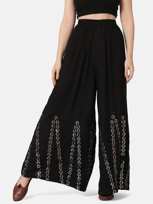 buynewtrend black embroidered palazzos