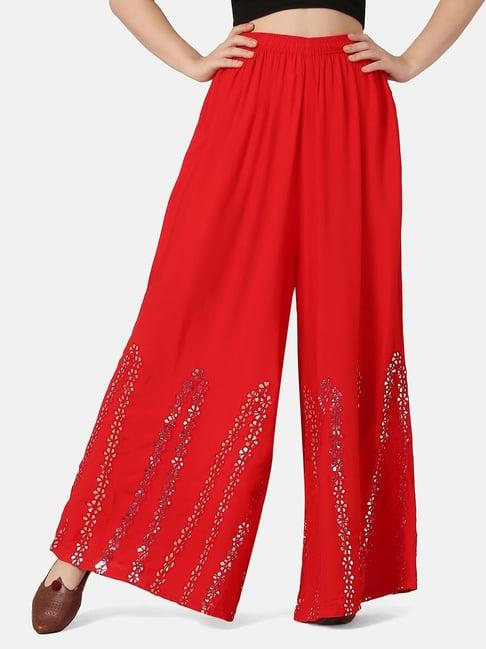 buynewtrend red embroidered palazzos