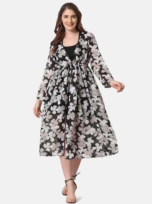 buynewtrend black & white floral print shrug