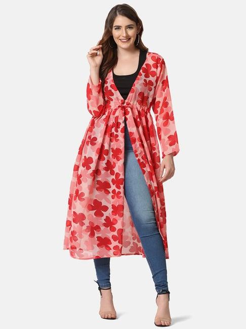 buynewtrend red floral print shrug