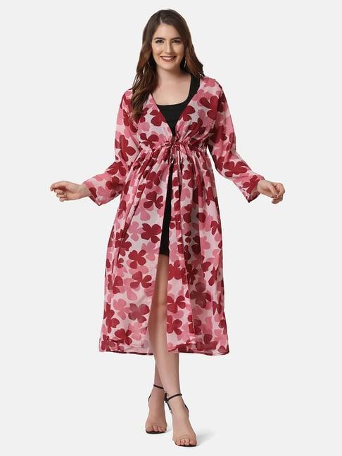 buynewtrend maroon floral print shrug