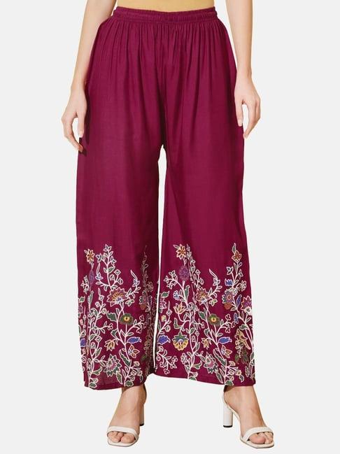 buynewtrend maroon embroidered palazzos