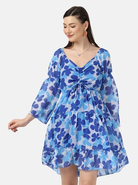 buynewtrend blue floral print blouson dress