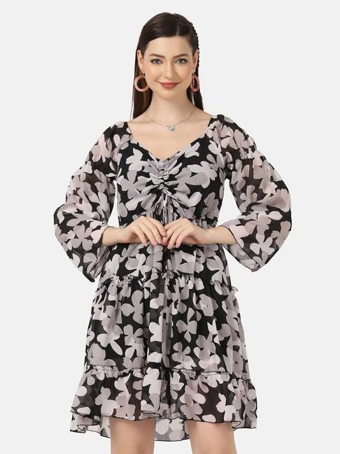 buynewtrend black floral print blouson dress