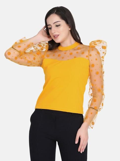 buynewtrend yellow polka dots top