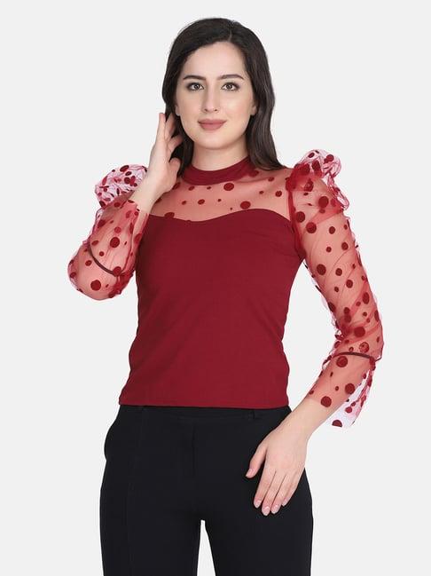 buynewtrend maroon polka dots top