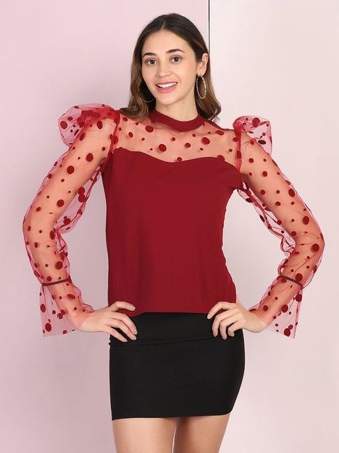 buynewtrend maroon polka dots top