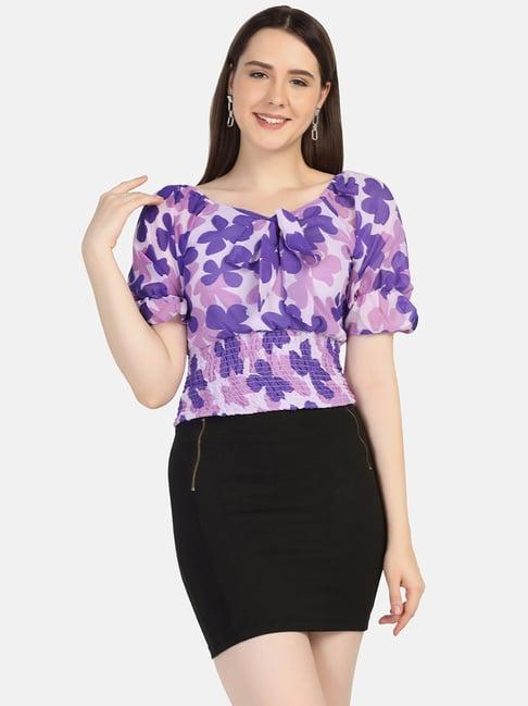 buynewtrend purple floral print crop top