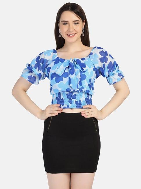 buynewtrend blue floral print crop top