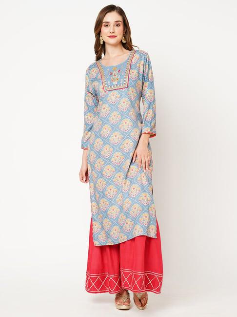 kiana blue & red printed kurta sharara set