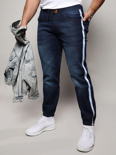 instafab plus navy blue regular fit striped plus size jogger jeans