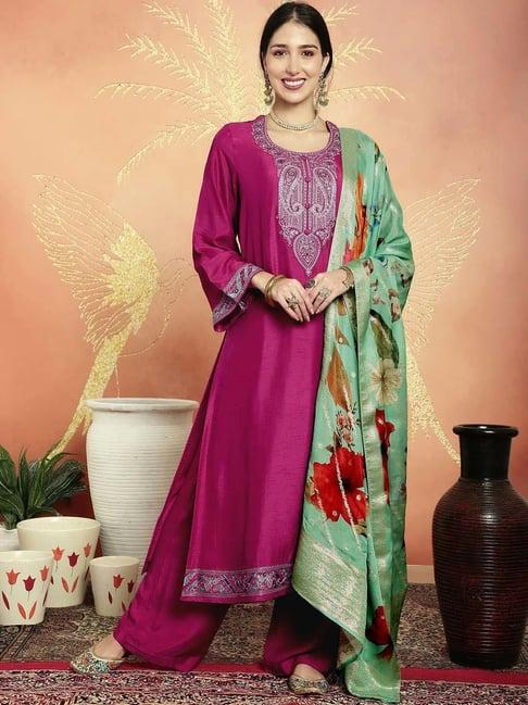 stylee lifestyle magenta embroidered unstitched dress material