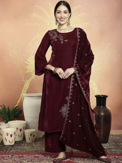 stylee lifestyle maroon embroidered unstitched dress material