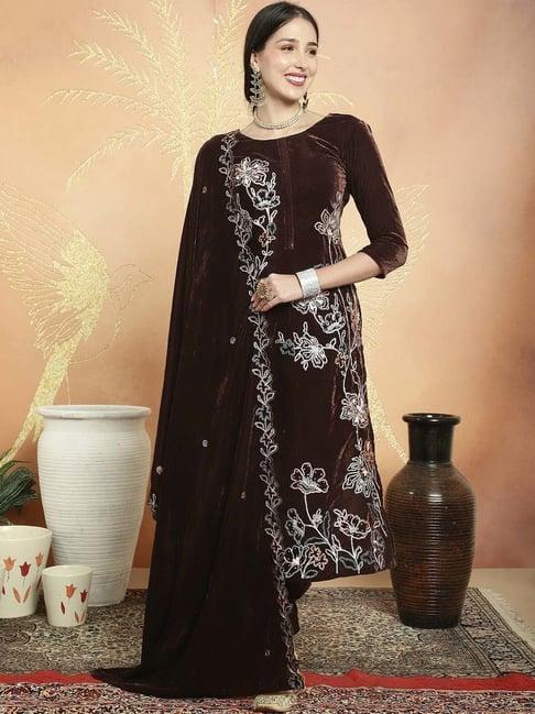 stylee lifestyle brown embroidered unstitched dress material