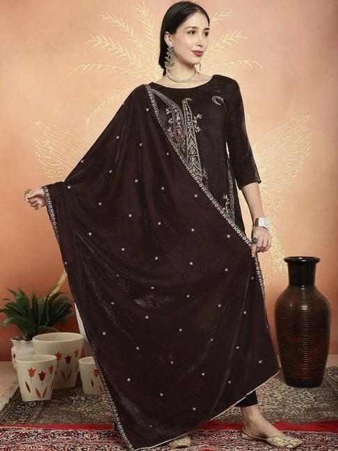 stylee lifestyle brown embroidered unstitched dress material