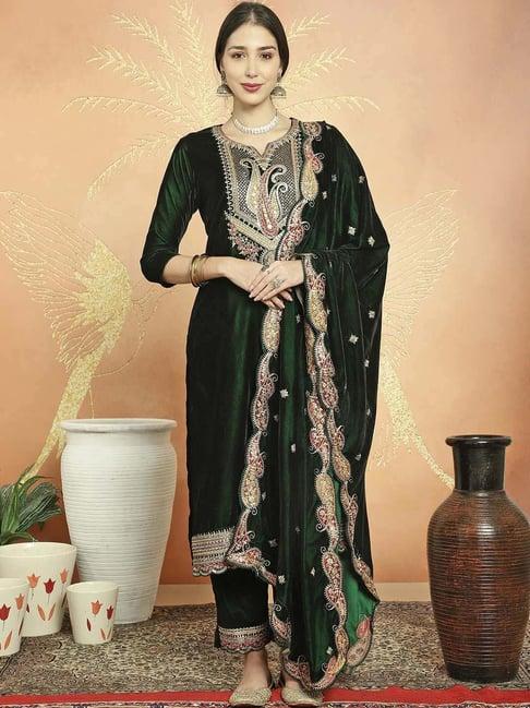 stylee lifestyle green embroidered unstitched dress material