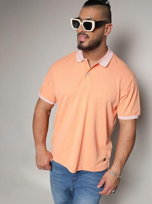 instafab plus peach orange cotton regular fit plus size polo t-shirt