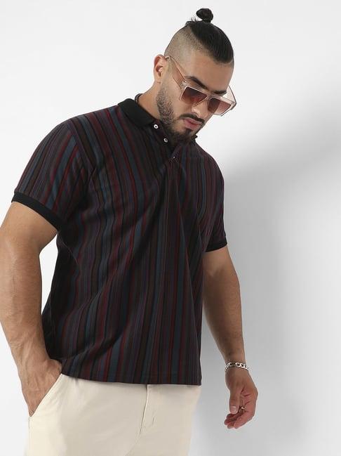 instafab plus blue & maroon cotton regular fit striped plus size polo t-shirt